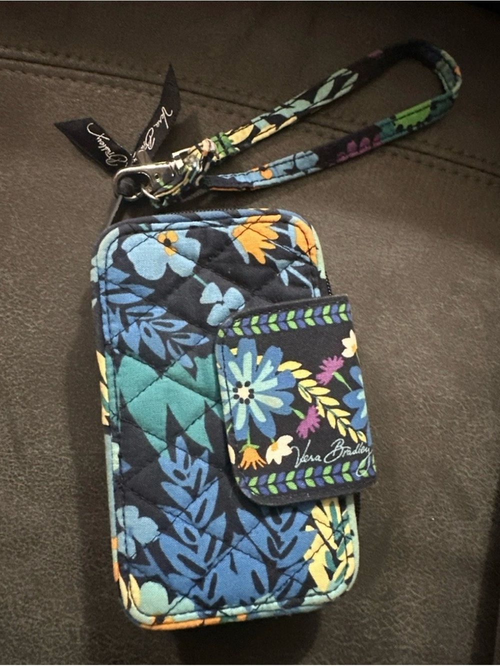 Vera Bradley Retired Midnight Blues Floral Quilted Phone Wristlet Wrist Strap